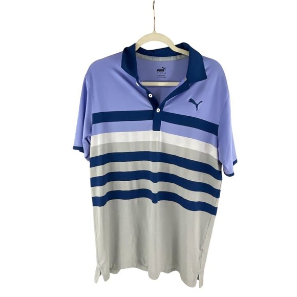 Puma Mens Striped Polo Shirt Blue & Gray Size M Short Sleeve Logo Golf Casual - Picture 2 of 9